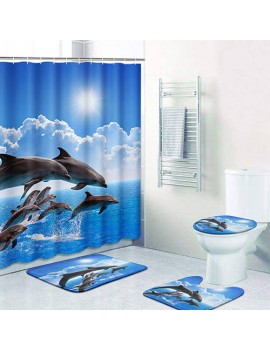 4 Pcs Shower Curtains Sets With Non-Slip Rugs, Toilet Lid Cover And Bath Mat